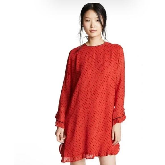 GANNI Mullin Georgette Red Polka Dot Long Sleeve Ruffle Hem Mini Dress Sz 2 - Picture 2 of 16